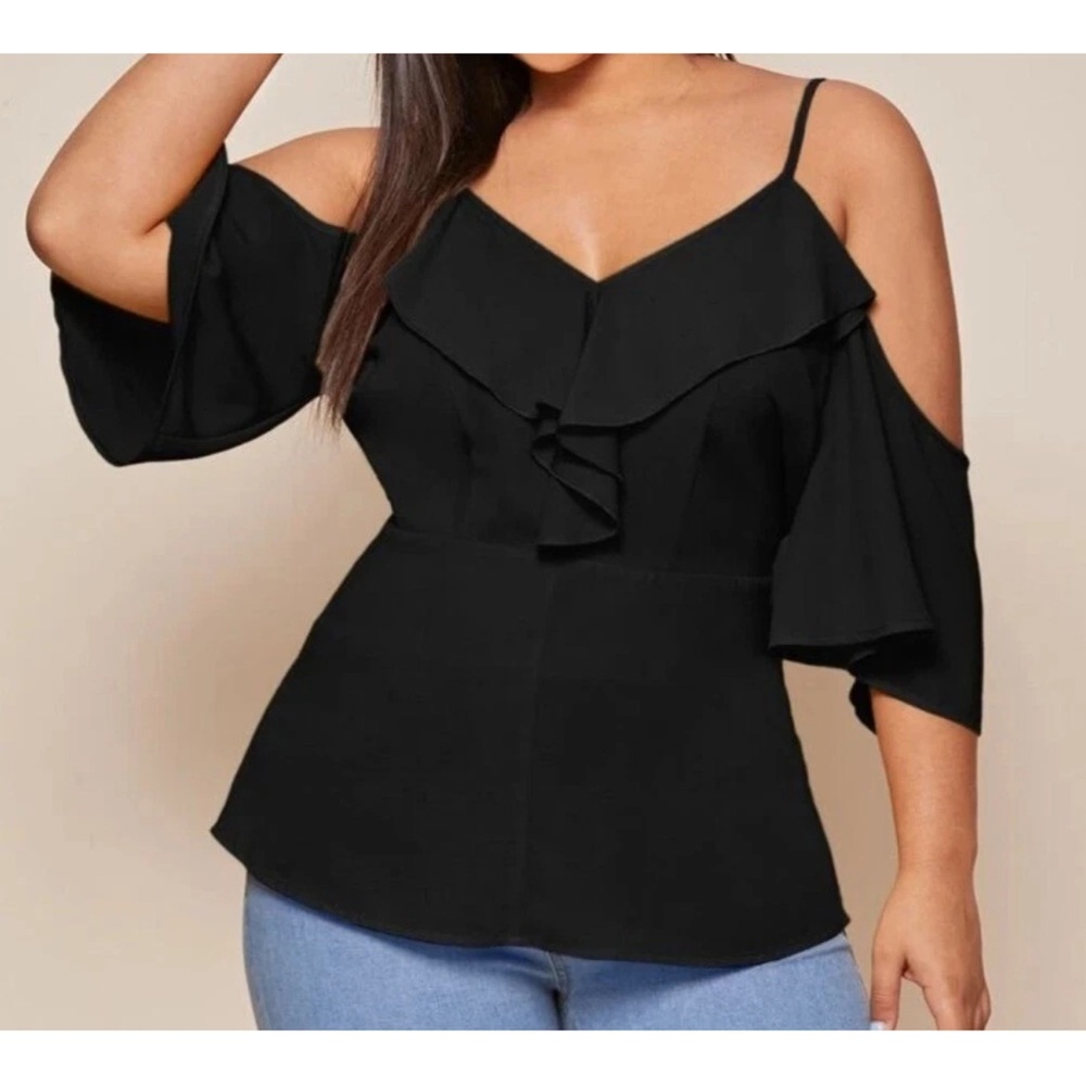 Womens Black Cold Shoulder Ruffle Top Spaghetti Strap Flowy Chic Trendy